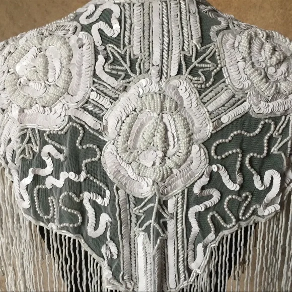 White Rose Sequin Glass Beaded/ Sequin FULL Wrap Chiffon Collar Shoulder Shawl - Picture 6 of 9